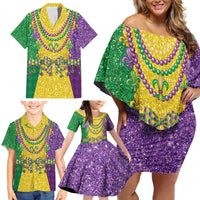 Mardi Gras Family Matching Off Shoulder Short Dress and Hawaiian Shirt Beadeds Necklace With Fleur De Lis - Wonder Print Shop