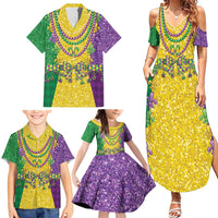 Mardi Gras Family Matching Summer Maxi Dress and Hawaiian Shirt Beadeds Necklace With Fleur De Lis - Wonder Print Shop