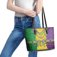 Mardi Gras Leather Tote Bag Beadeds Necklace With Fleur De Lis - Wonder Print Shop