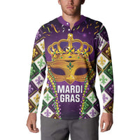 King Mask Mardi Gras Button Sweatshirt Let's Party Beadeds With Fleur De Lis - Wonder Print Shop
