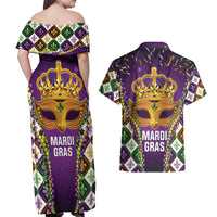 King Mask Mardi Gras Couples Matching Off Shoulder Maxi Dress and Hawaiian Shirt Let's Party Beadeds With Fleur De Lis - Wonder Print Shop