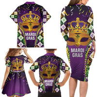 King Mask Mardi Gras Family Matching Long Sleeve Bodycon Dress and Hawaiian Shirt Let's Party Beadeds With Fleur De Lis - Wonder Print Shop