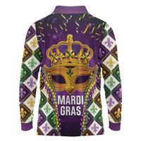 King Mask Mardi Gras Long Sleeve Polo Shirt Let's Party Beadeds With Fleur De Lis - Wonder Print Shop