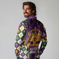 King Mask Mardi Gras Long Sleeve Polo Shirt Let's Party Beadeds With Fleur De Lis - Wonder Print Shop