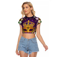 King Mask Mardi Gras Raglan Cropped T Shirt Let's Party Beadeds With Fleur De Lis - Wonder Print Shop