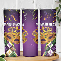 King Mask Mardi Gras Skinny Tumbler Let's Party Beadeds With Fleur De Lis - Wonder Print Shop