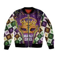 King Mask Mardi Gras Sleeve Zip Bomber Jacket Let's Party Beadeds With Fleur De Lis - Wonder Print Shop