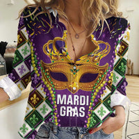 King Mask Mardi Gras Women Casual Shirt Let's Party Beadeds With Fleur De Lis - Wonder Print Shop