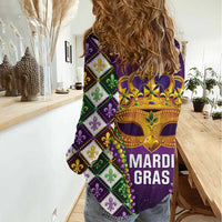 King Mask Mardi Gras Women Casual Shirt Let's Party Beadeds With Fleur De Lis - Wonder Print Shop