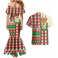 Wales Corgi Christmas Couples Matching Mermaid Dress and Hawaiian Shirt Seamless Cute Dog Argyle Pattern - Wonder Print Shop