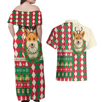 Wales Corgi Christmas Couples Matching Off Shoulder Maxi Dress and Hawaiian Shirt Seamless Cute Dog Argyle Pattern - Wonder Print Shop