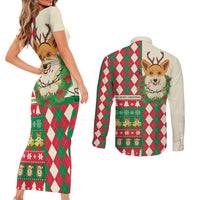 Wales Corgi Christmas Couples Matching Short Sleeve Bodycon Dress and Long Sleeve Button Shirt Seamless Cute Dog Argyle Pattern - Wonder Print Shop