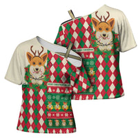 Wales Corgi Christmas Cross Shoulder Shirt Seamless Cute Dog Argyle Pattern - Wonder Print Shop