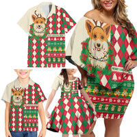 Wales Corgi Christmas Family Matching Off Shoulder Short Dress and Hawaiian Shirt Seamless Cute Dog Argyle Pattern - Wonder Print Shop