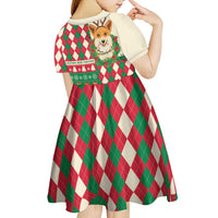 Wales Corgi Christmas Kid Short Sleeve Dress Seamless Cute Dog Argyle Pattern - Wonder Print Shop