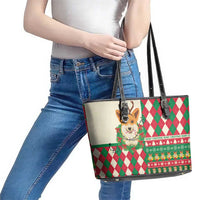 Wales Corgi Christmas Leather Tote Bag Seamless Cute Dog Argyle Pattern - Wonder Print Shop
