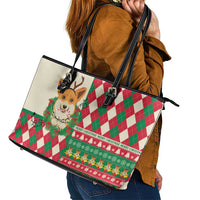 Wales Corgi Christmas Leather Tote Bag Seamless Cute Dog Argyle Pattern - Wonder Print Shop