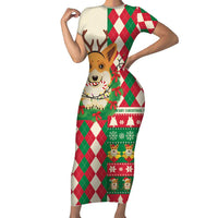 Wales Corgi Christmas Short Sleeve Bodycon Dress Seamless Cute Dog Argyle Pattern - Wonder Print Shop