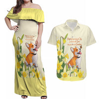 Personalised Wales Corgi and Daffodil Couples Matching Off Shoulder Maxi Dress and Hawaiian Shirt Welsh Dog Lovers - Wonder Print Shop