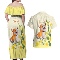 Personalised Wales Corgi and Daffodil Couples Matching Off Shoulder Maxi Dress and Hawaiian Shirt Welsh Dog Lovers - Wonder Print Shop