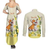 Personalised Wales Corgi and Daffodil Couples Matching Summer Maxi Dress and Long Sleeve Button Shirt Welsh Dog Lovers - Wonder Print Shop