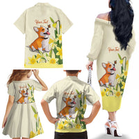 Personalised Wales Corgi and Daffodil Family Matching Off The Shoulder Long Sleeve Dress and Hawaiian Shirt Welsh Dog Lovers - Wonder Print Shop