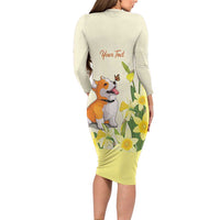 Personalised Wales Corgi and Daffodil Long Sleeve Bodycon Dress Welsh Dog Lovers - Wonder Print Shop