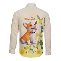 Personalised Wales Corgi and Daffodil Long Sleeve Button Shirt Welsh Dog Lovers - Wonder Print Shop