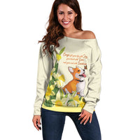 Personalised Wales Corgi and Daffodil Off Shoulder Sweater Welsh Dog Lovers - Wonder Print Shop