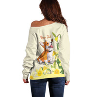 Personalised Wales Corgi and Daffodil Off Shoulder Sweater Welsh Dog Lovers - Wonder Print Shop