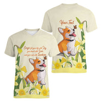 Personalised Wales Corgi and Daffodil Women V-Neck T-Shirt Welsh Dog Lovers - Wonder Print Shop