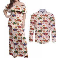 Wales Corgi Christmas Couples Matching Off Shoulder Maxi Dress and Long Sleeve Button Shirt Nadolig Llawen Welsh Dog Seamless Vibes - Wonder Print Shop