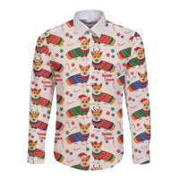 Wales Corgi Christmas Long Sleeve Button Shirt Nadolig Llawen Welsh Dog Seamless Vibes - Wonder Print Shop