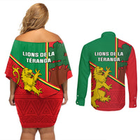 Senegal Football Couples Matching Off Shoulder Short Dress and Long Sleeve Button Shirt 2024 Go Champions Lions De La Teranga - Wonder Print Shop