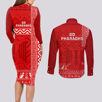 Egypt Football Couples Matching Long Sleeve Bodycon Dress and Long Sleeve Button Shirt 2024 Go Champions Pharaohs Egyptian Patterns - Wonder Print Shop