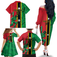 Custom Saint Kitts and Nevis Cricket Family Matching Off The Shoulder Long Sleeve Dress and Hawaiian Shirt Go Champions Patriots