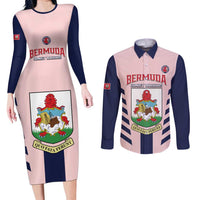 Custom Bermuda Football Couples Matching Long Sleeve Bodycon Dress and Long Sleeve Button Shirt 2025 Go Gombey Warriors - Pink