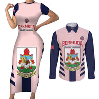 Custom Bermuda Football Couples Matching Short Sleeve Bodycon Dress and Long Sleeve Button Shirt 2025 Go Gombey Warriors - Pink
