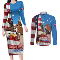 Personalised United States And Australia Couples Matching Long Sleeve Bodycon Dress and Long Sleeve Button Shirt USA Eagle With Aussie Kangaroo - Wonder Print Shop