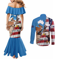 Personalised United States And Australia Couples Matching Mermaid Dress and Long Sleeve Button Shirt USA Eagle With Aussie Kangaroo