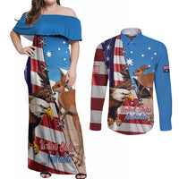 Personalised United States And Australia Couples Matching Off Shoulder Maxi Dress and Long Sleeve Button Shirt USA Eagle With Aussie Kangaroo - Wonder Print Shop