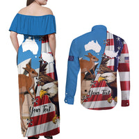 Personalised United States And Australia Couples Matching Off Shoulder Maxi Dress and Long Sleeve Button Shirt USA Eagle With Aussie Kangaroo - Wonder Print Shop