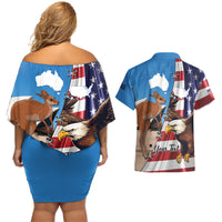 Personalised United States And Australia Couples Matching Off Shoulder Short Dress and Hawaiian Shirt USA Eagle With Aussie Kangaroo - Wonder Print Shop