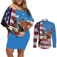 Personalised United States And Australia Couples Matching Off Shoulder Short Dress and Long Sleeve Button Shirt USA Eagle With Aussie Kangaroo - Wonder Print Shop