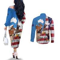 Personalised United States And Australia Couples Matching Off The Shoulder Long Sleeve Dress and Long Sleeve Button Shirt USA Eagle With Aussie Kangaroo