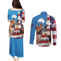 Personalised United States And Australia Couples Matching Puletasi and Long Sleeve Button Shirt USA Eagle With Aussie Kangaroo - Wonder Print Shop