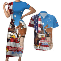 Personalised United States And Australia Couples Matching Short Sleeve Bodycon Dress and Hawaiian Shirt USA Eagle With Aussie Kangaroo - Wonder Print Shop