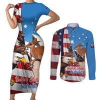 Personalised United States And Australia Couples Matching Short Sleeve Bodycon Dress and Long Sleeve Button Shirt USA Eagle With Aussie Kangaroo - Wonder Print Shop