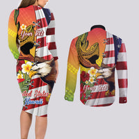 Personalised United States And Hawaii Couples Matching Long Sleeve Bodycon Dress and Long Sleeve Button Shirt USA Eagle With Hawaiian Shark Tattoo - Wonder Print Shop