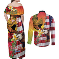 Personalised United States And Hawaii Couples Matching Off Shoulder Maxi Dress and Long Sleeve Button Shirt USA Eagle With Hawaiian Shark Tattoo - Wonder Print Shop